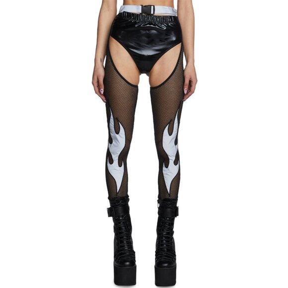 NWT Club Exx Black & Silver High Waist Reflective Fishnet Chaps with Buckle Clos - Picture 2 of 11